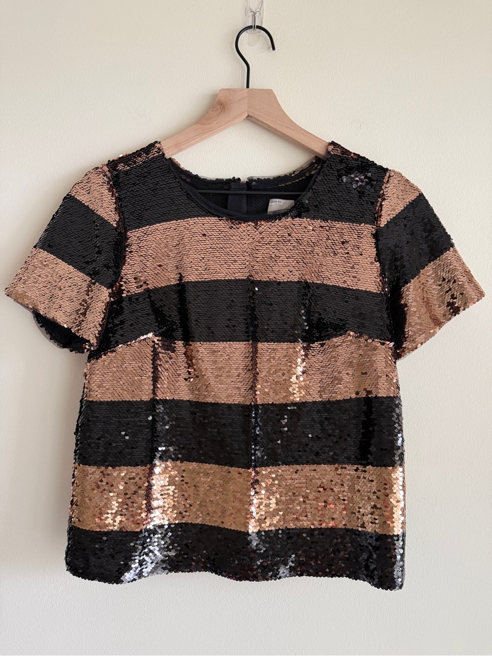 Anthropologie Maeve Sequin Striped Top Womens XS Petite Rose Gold Black - Picture 3 of 10